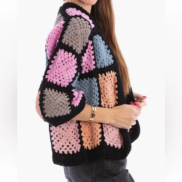 SAACHI NWT Vintage Inspired Boho Granny Square Knit Cardigan Sweater size O/S - Picture 11 of 17